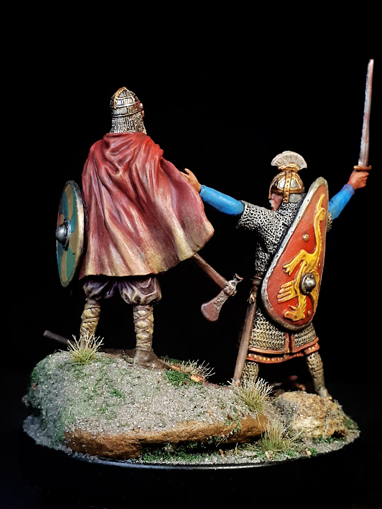 60mm Noble Anglo Saxon Warrior challenging Viking Earl 10th C. Diorama.